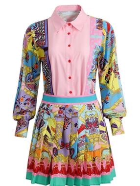 ZCRAVE Lolita Colorful Patchwork Button-Up Blouse in Pink & Multicolor Small